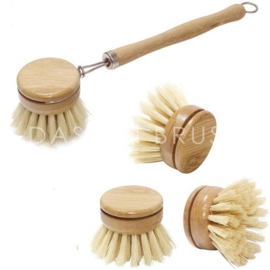 Bamboo Handle Tampico Fiber Cleaning Brush Kit مع رؤوس فرشاة بديلة 